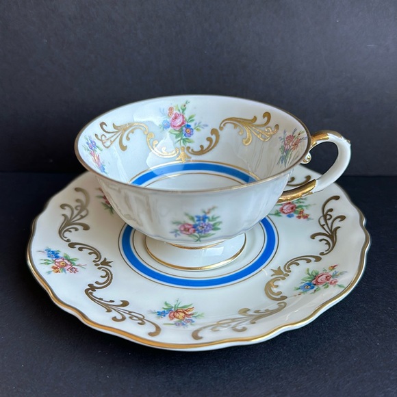 K&A Krautheim Bavaria Germany DEMITASSE Tea Cup & Saucer Floral Scrolls Blue Rim - Picture 10 of 10